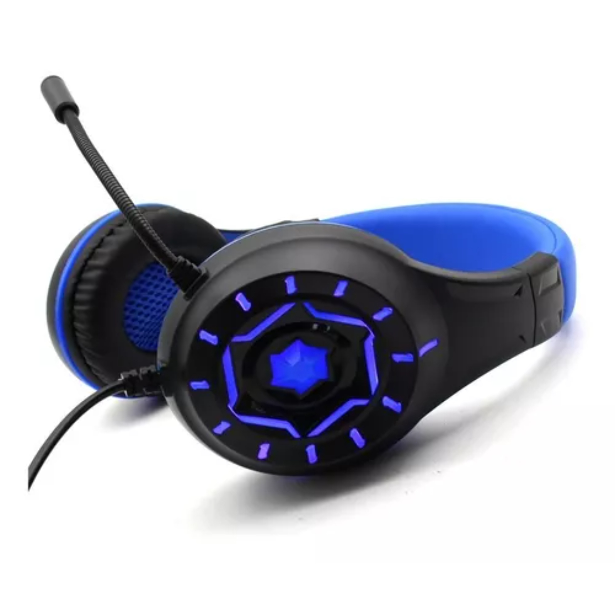 Auriculares para juegos negros y azules. Tiene un micrófono y luces azules.
