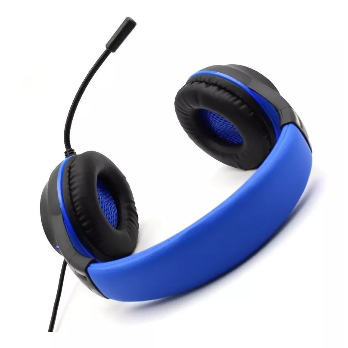 Auriculares gaming azules y negros con micrófono.