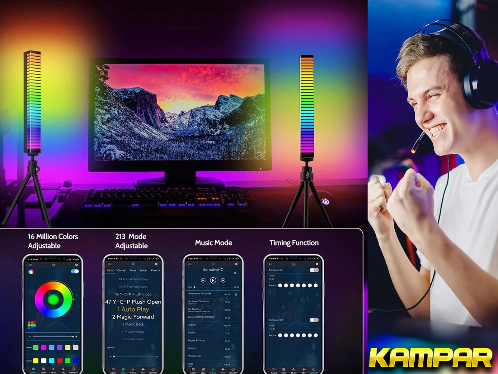 Un hombre jugando con luces de colores, múltiples pantallas de teléfono muestran interfaces de aplicaciones.