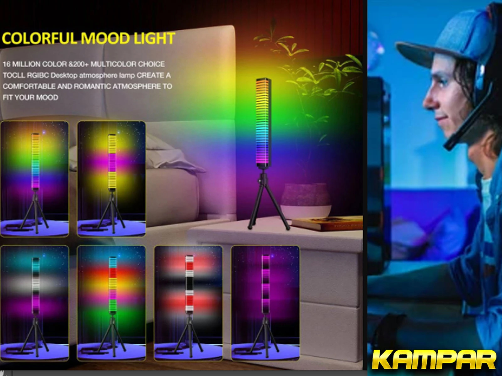 Un jugador con auriculares y una lámpara de ambiente colorida en una mesa con múltiples configuraciones de luz.
