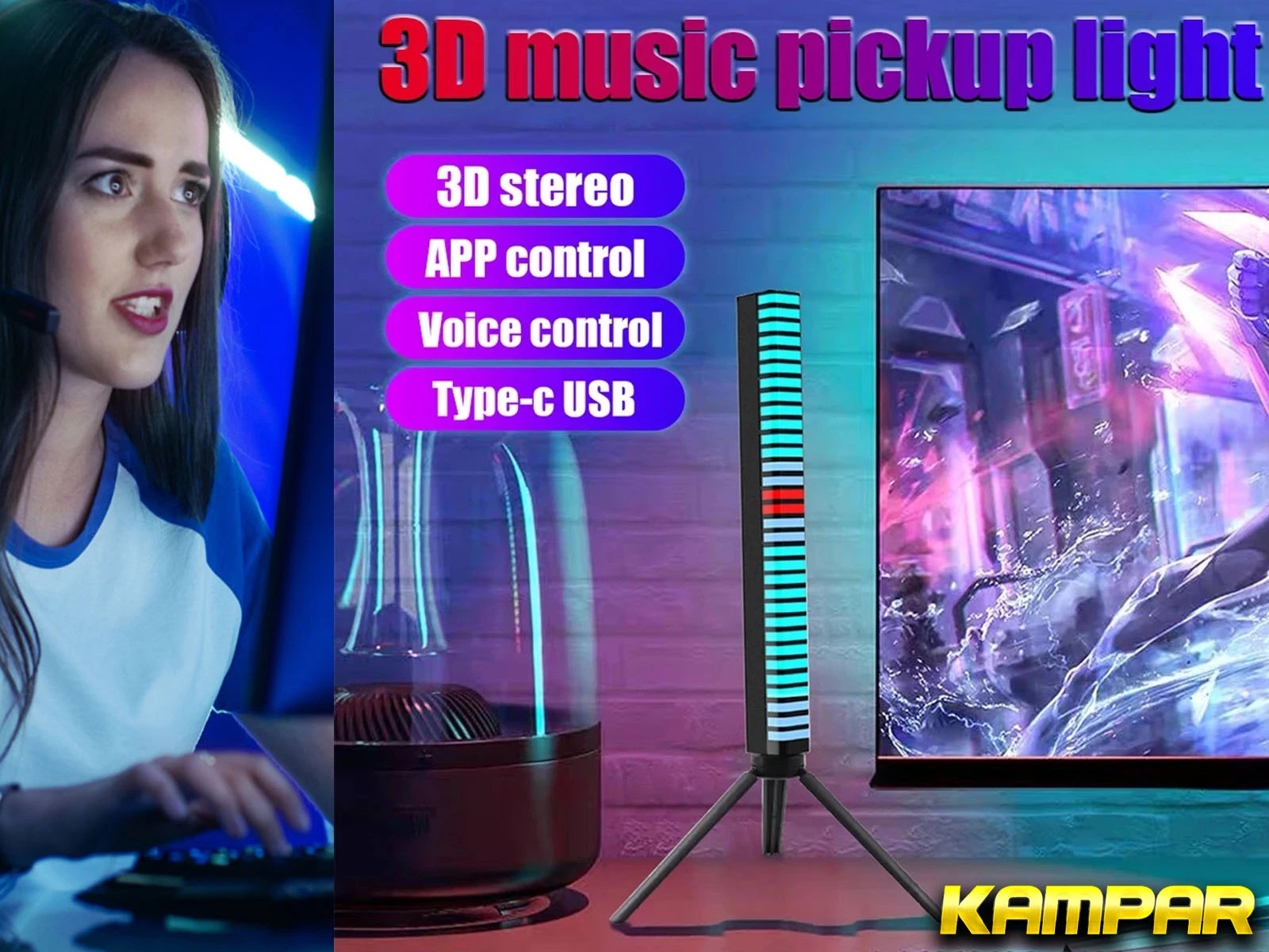 Una mujer usa una computadora, y una luz de captación de música se muestra junto a ella y un televisor.