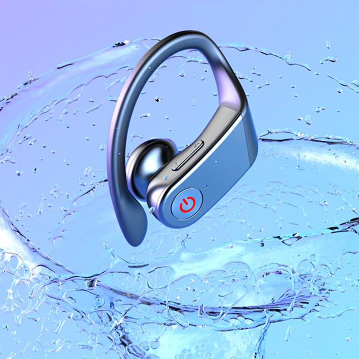 Auricular inalámbrico azul y plateado con efecto de salpicadura de agua en el fondo.