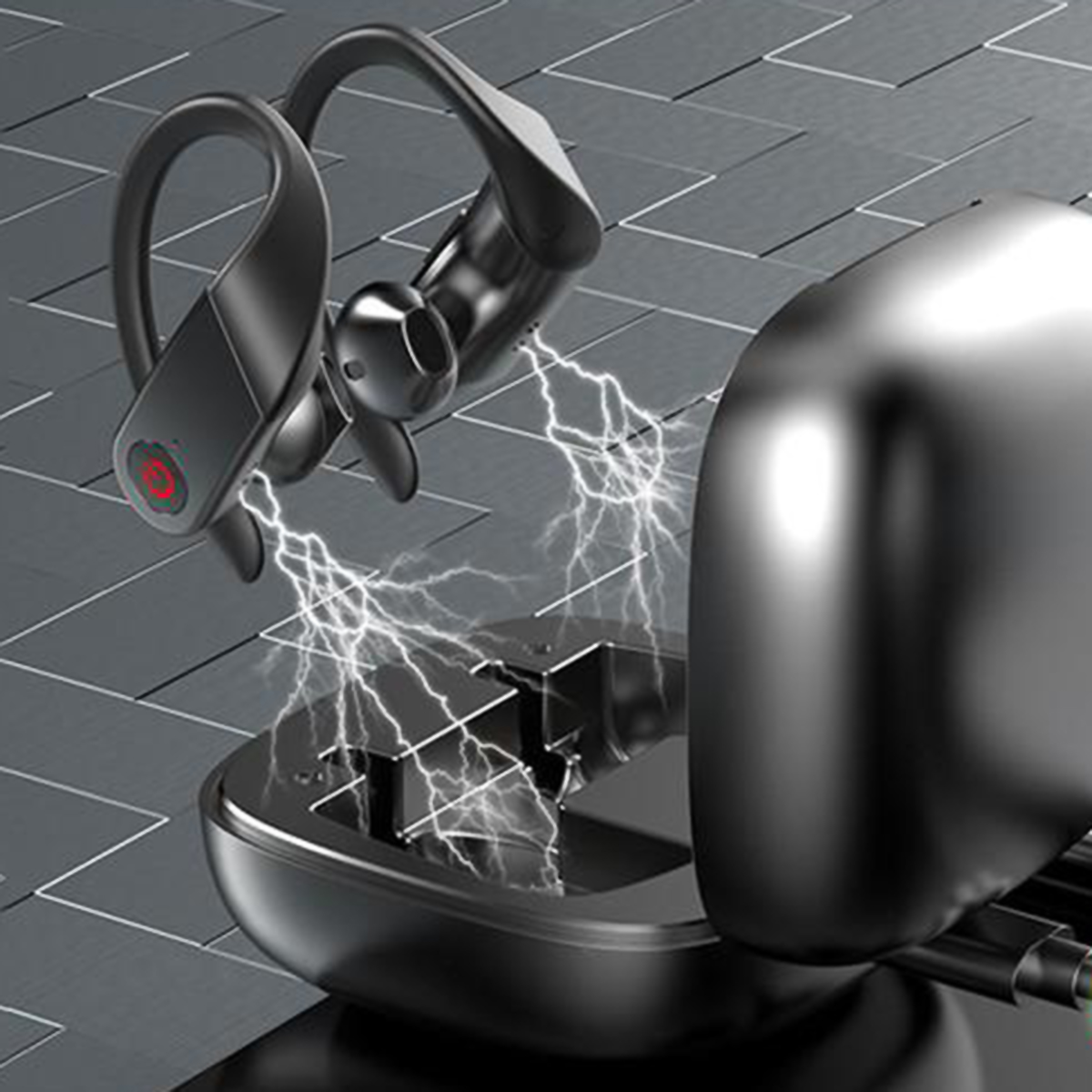 Auriculares inalámbricos y estuche de carga negros. Efecto de relámpago.