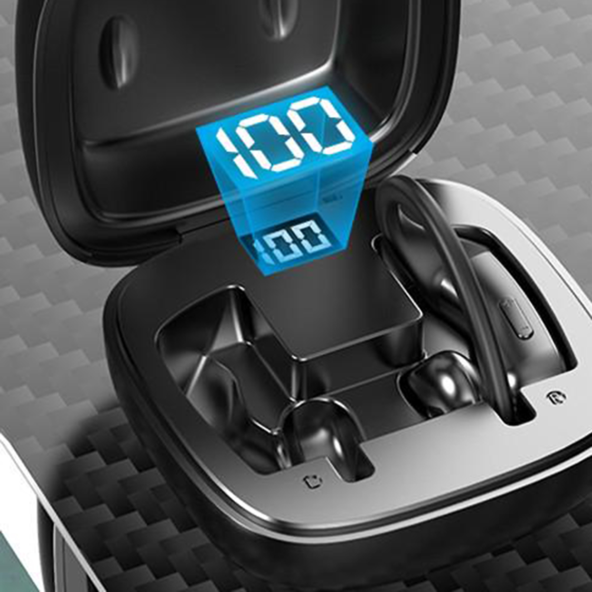 Estuche de auriculares inalámbricos negro con una pantalla digital que muestra '100' y el auricular.