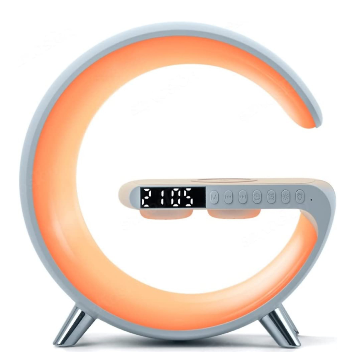 Despertador en forma de G con luz naranja y pantalla digital con carga inalámbrica.