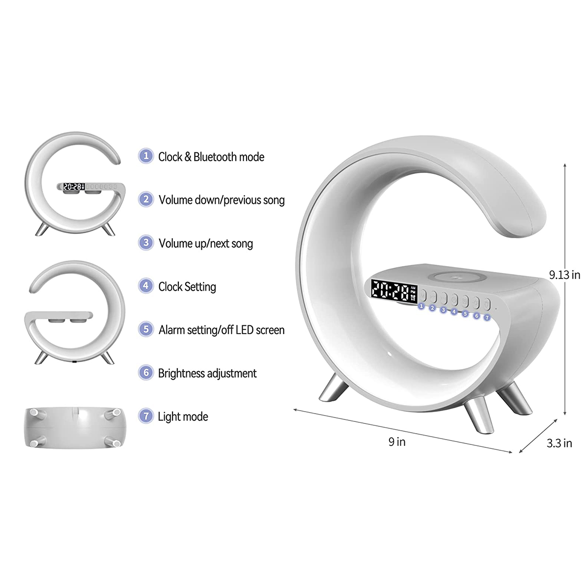 Lámpara de noche blanca con reloj, ajustes y funciones de carga inalámbrica.