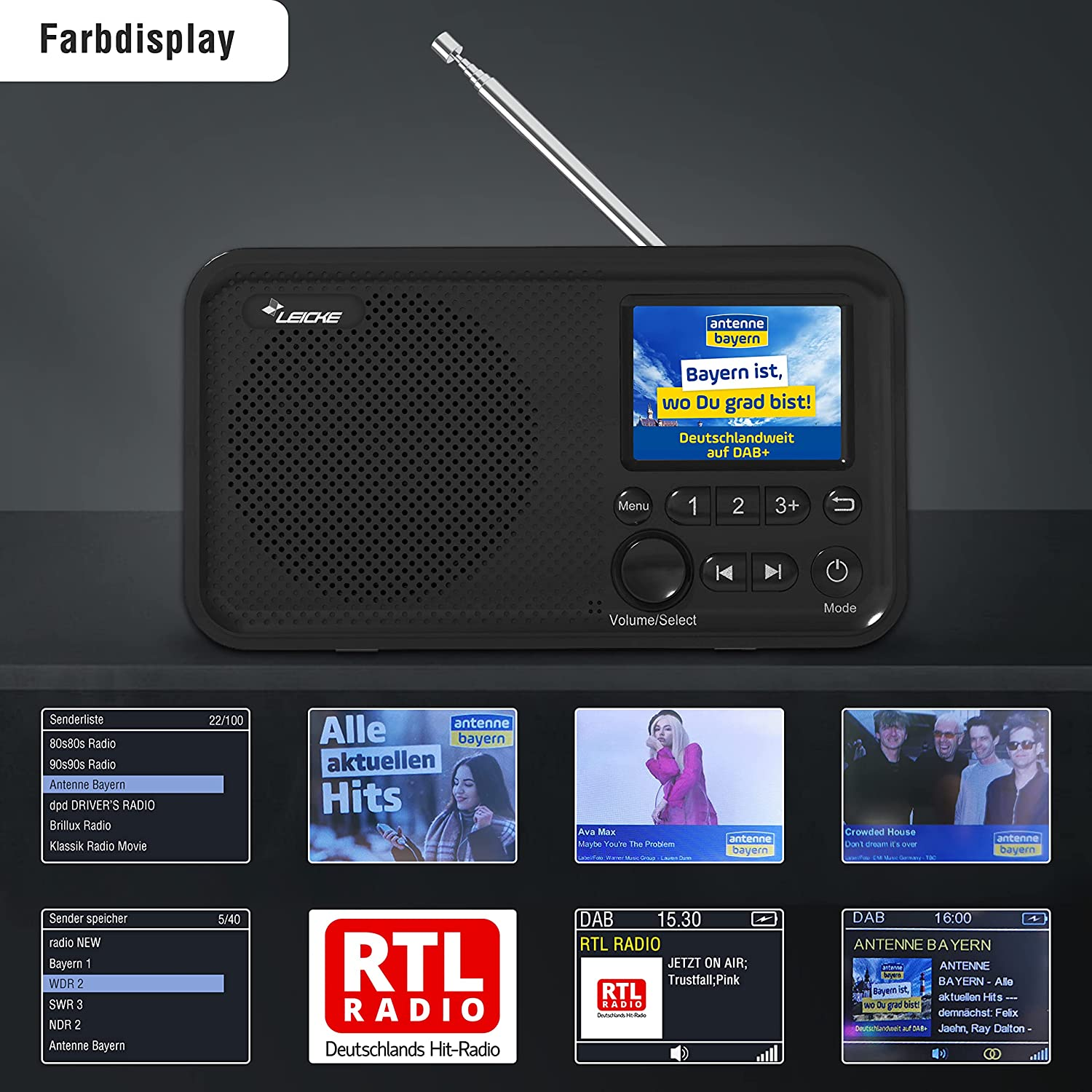 Schwarzes Radio mit Bildschirm. Radio hat Knöpfe und ein Rad. Kleine Bilder werden angezeigt.