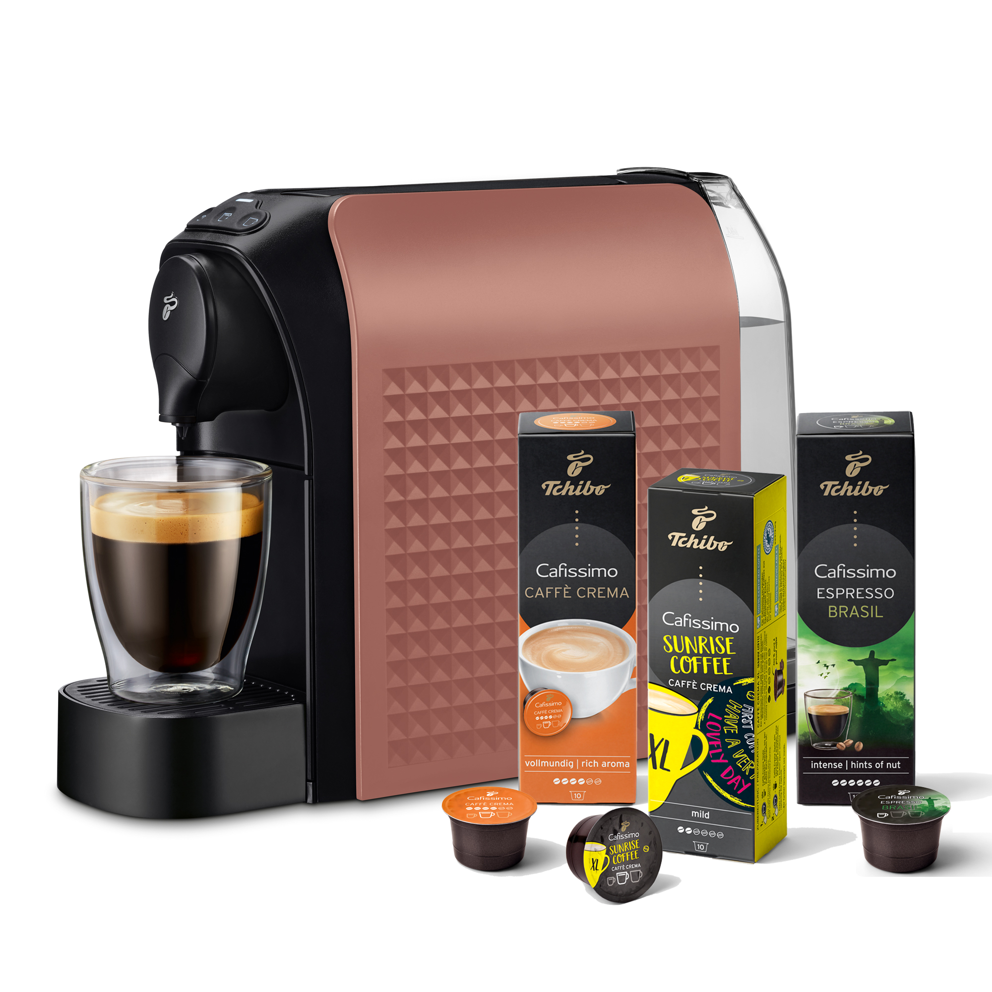 Kaffeemaschine 30 Powder Kapselmaschine, Rose + Espresso Kapseln und Caffè CAFISSIMO Kaffee Crema, TCHIBO \