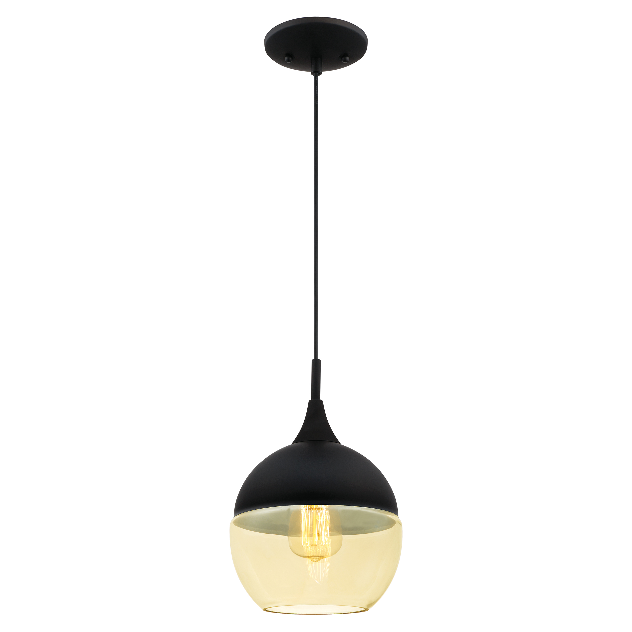 Schwarze und goldene Pendelleuchte. Die Lampe hat eine abgerundete Form mit sichtbarer Glühbirne.