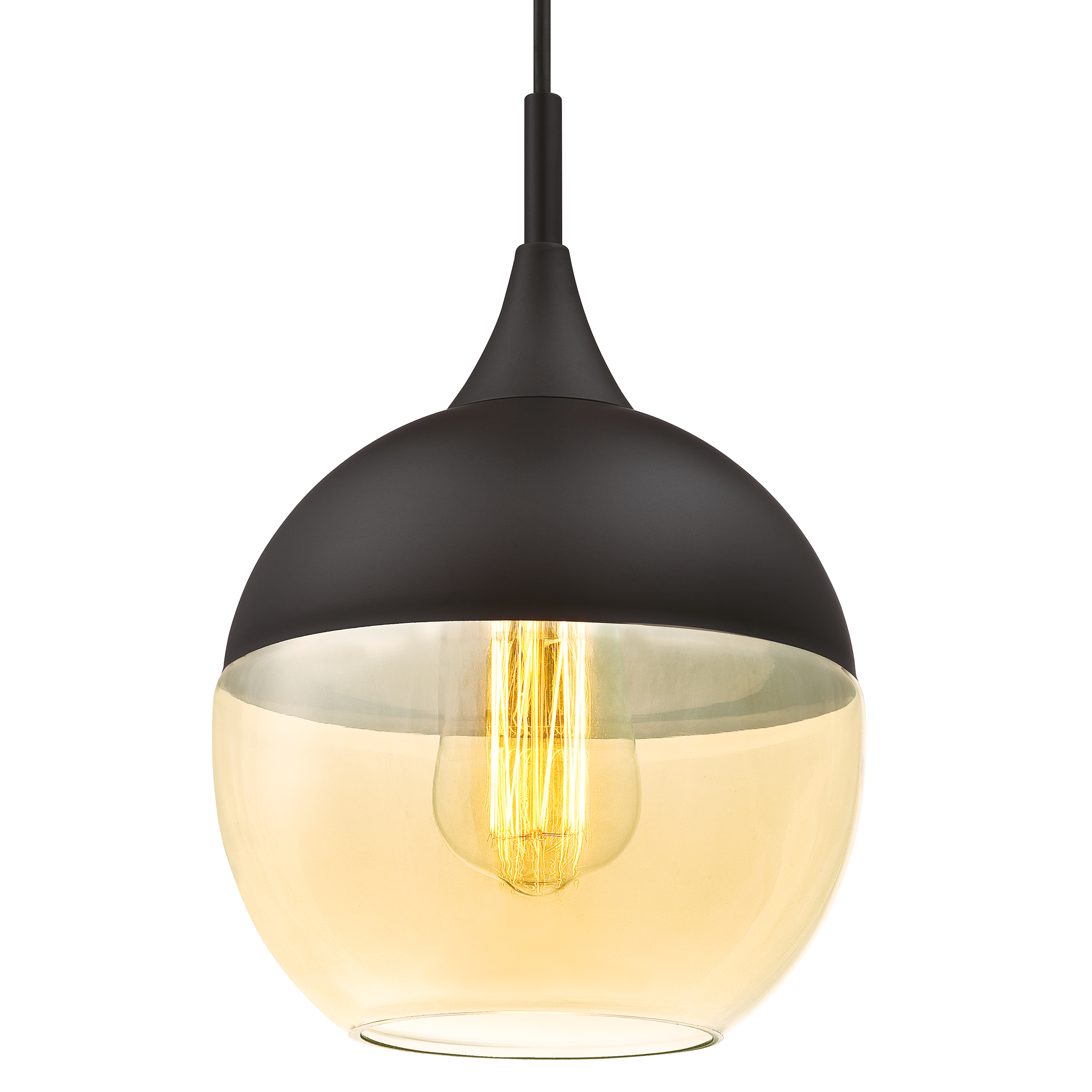 Eine schwarz-goldene Pendelleuchte mit sichtbarer Glühbirne hängt vor weißem Hintergrund.