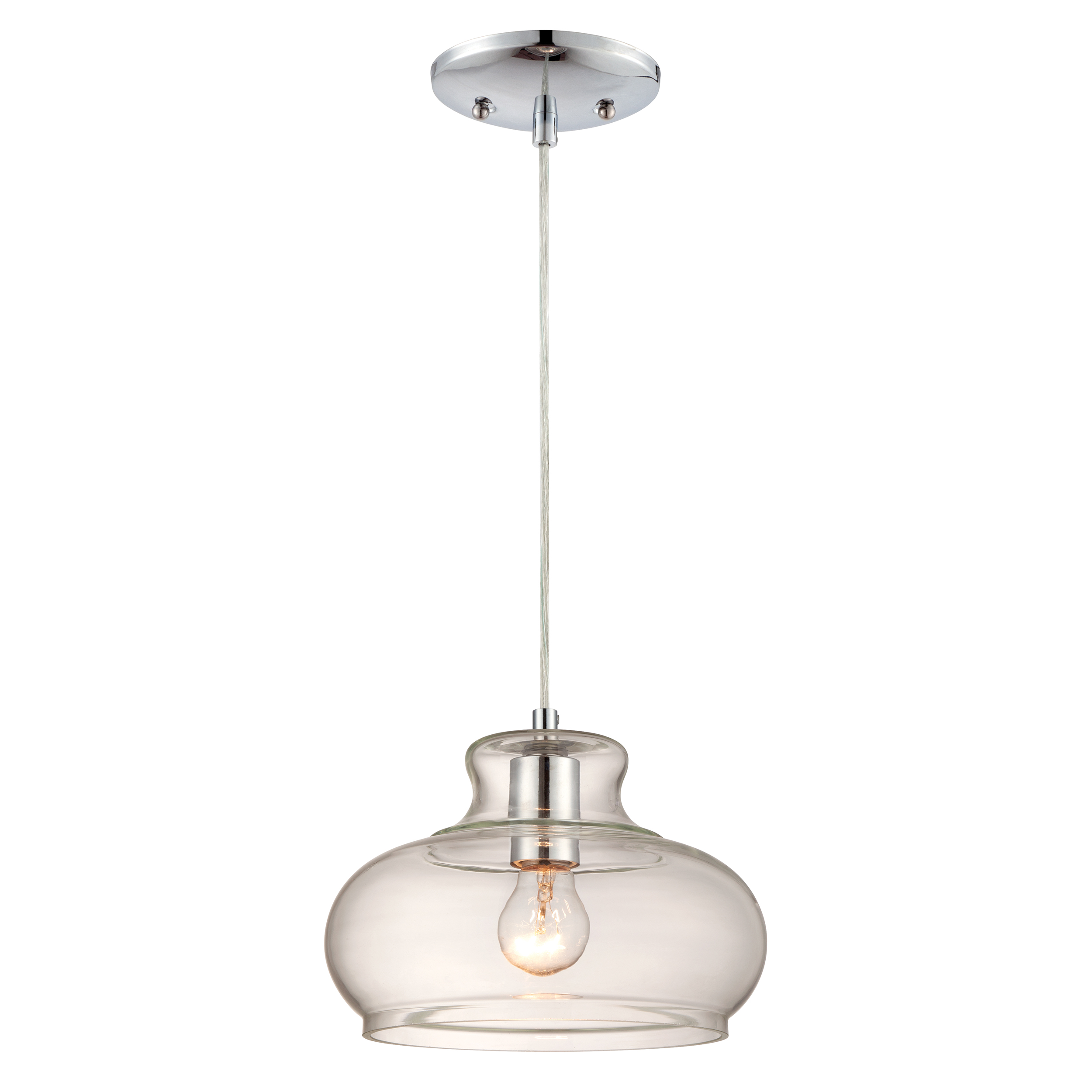 Transparente Glas-Pendelleuchte mit Glühbirne, hängend von Silber-Deckenhalterung.