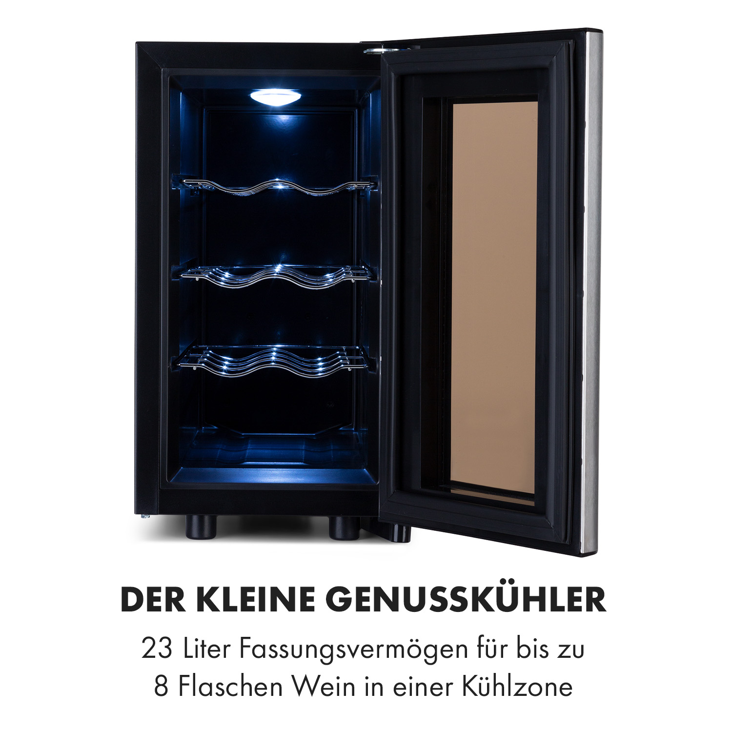 Ein kleiner schwarzer Weinkühler mit offener Tür, der Regale und Lichter zeigt.