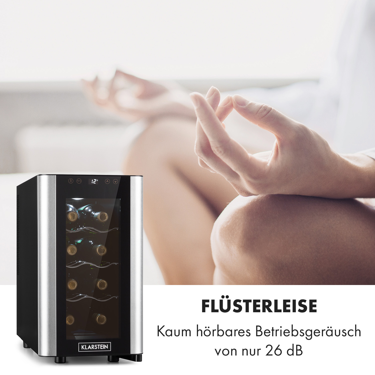 Weinkühler mit Flaschen, mit einer Person, die im Hintergrund meditiert.