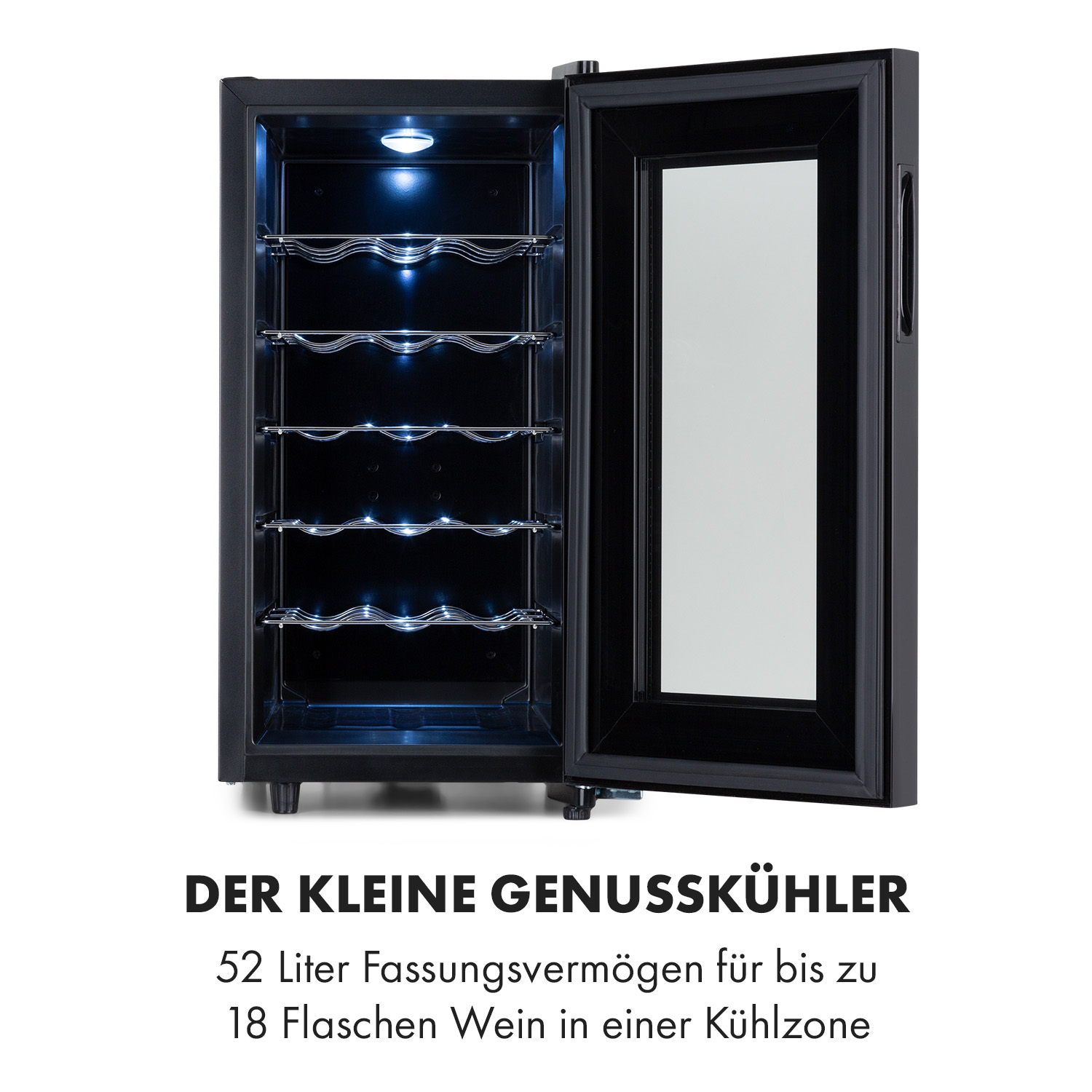 Ein schwarzer Mini-Weinkühler offen. Er hat Regale mit einer Glastür.