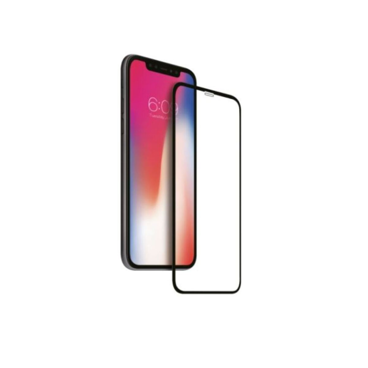 Un telefono cellulare con una protezione per lo schermo, su uno sfondo bianco.