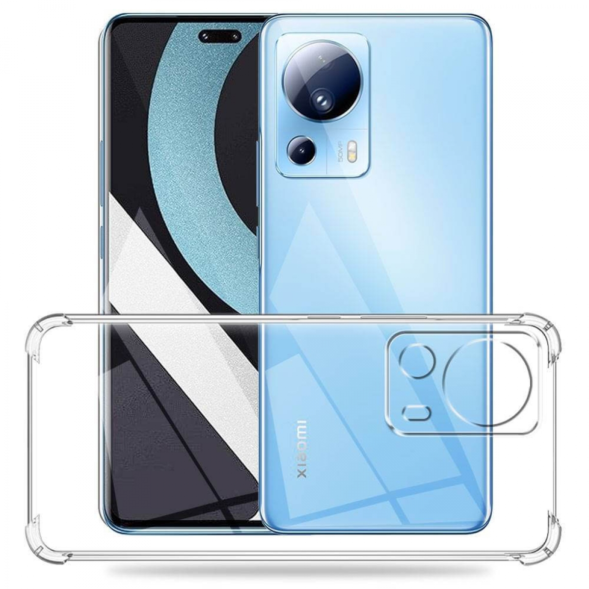 Blaues Telefon mit durchsichtiger Hülle neben einem anderen Telefon. Transparente Hülle zeigt die Rückseite.