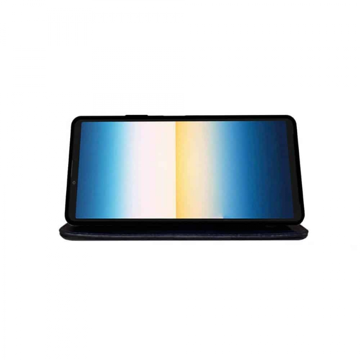 Ein Tablet-Gerät in einer Folio-Hülle, das einen Bildschirm mit blauem und weißem Farbverlauf zeigt.