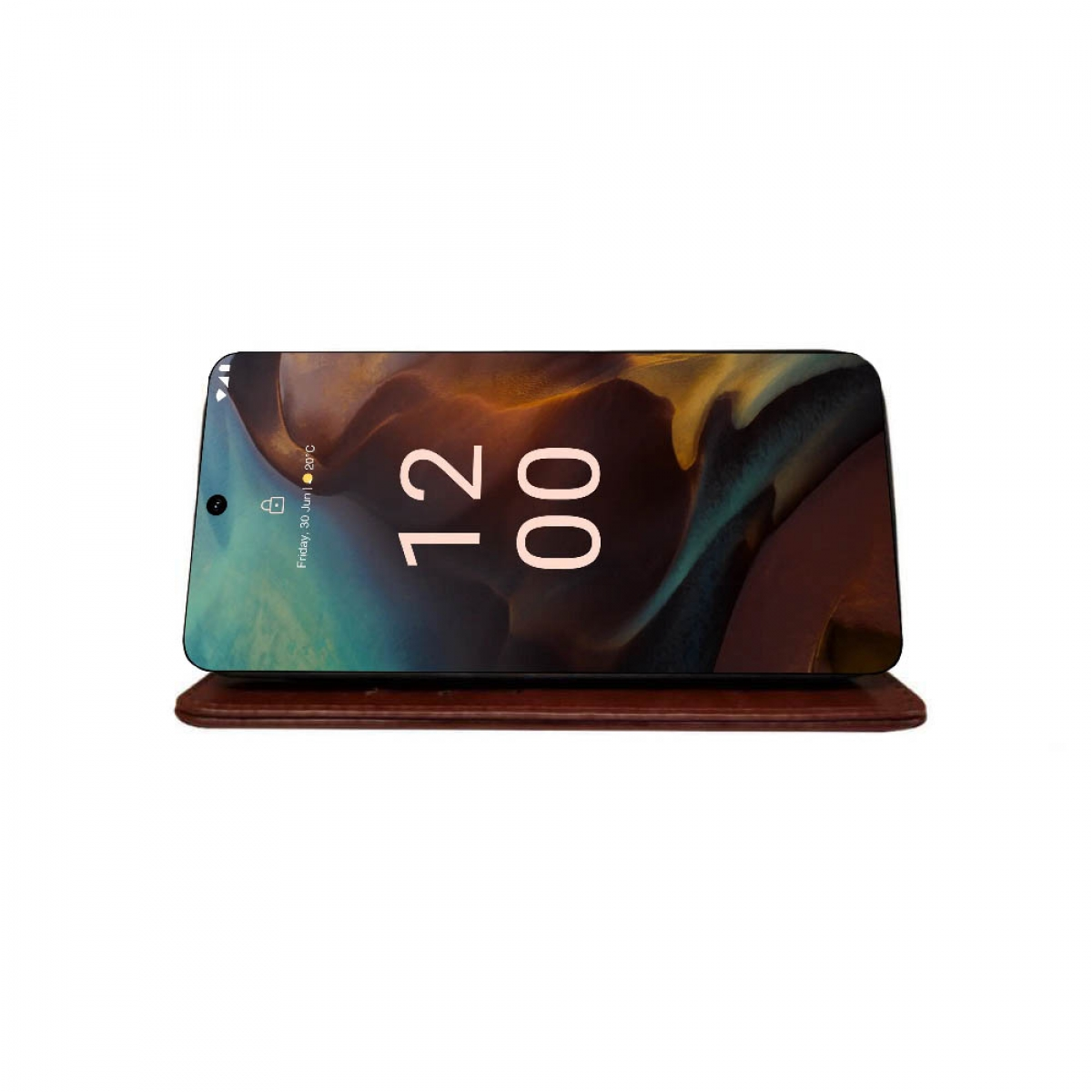 Ein Mobiltelefon auf einem hölzernen Ladeständer, zeigt die Uhrzeit.