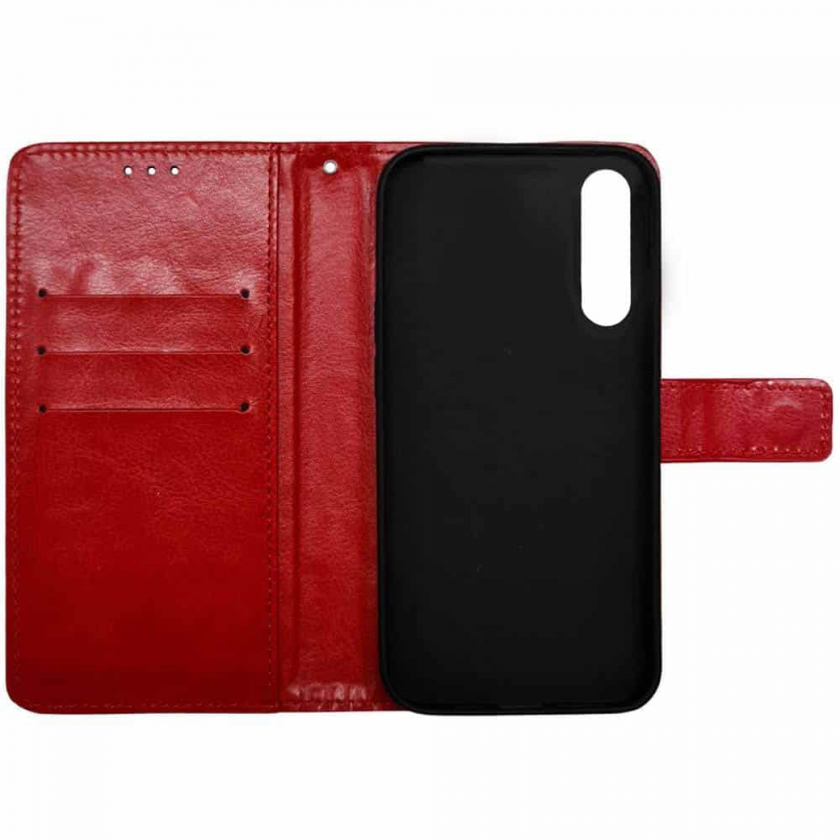 Eine offene rote Brieftaschen-Handyhülle mit schwarzem Telefonhalter.