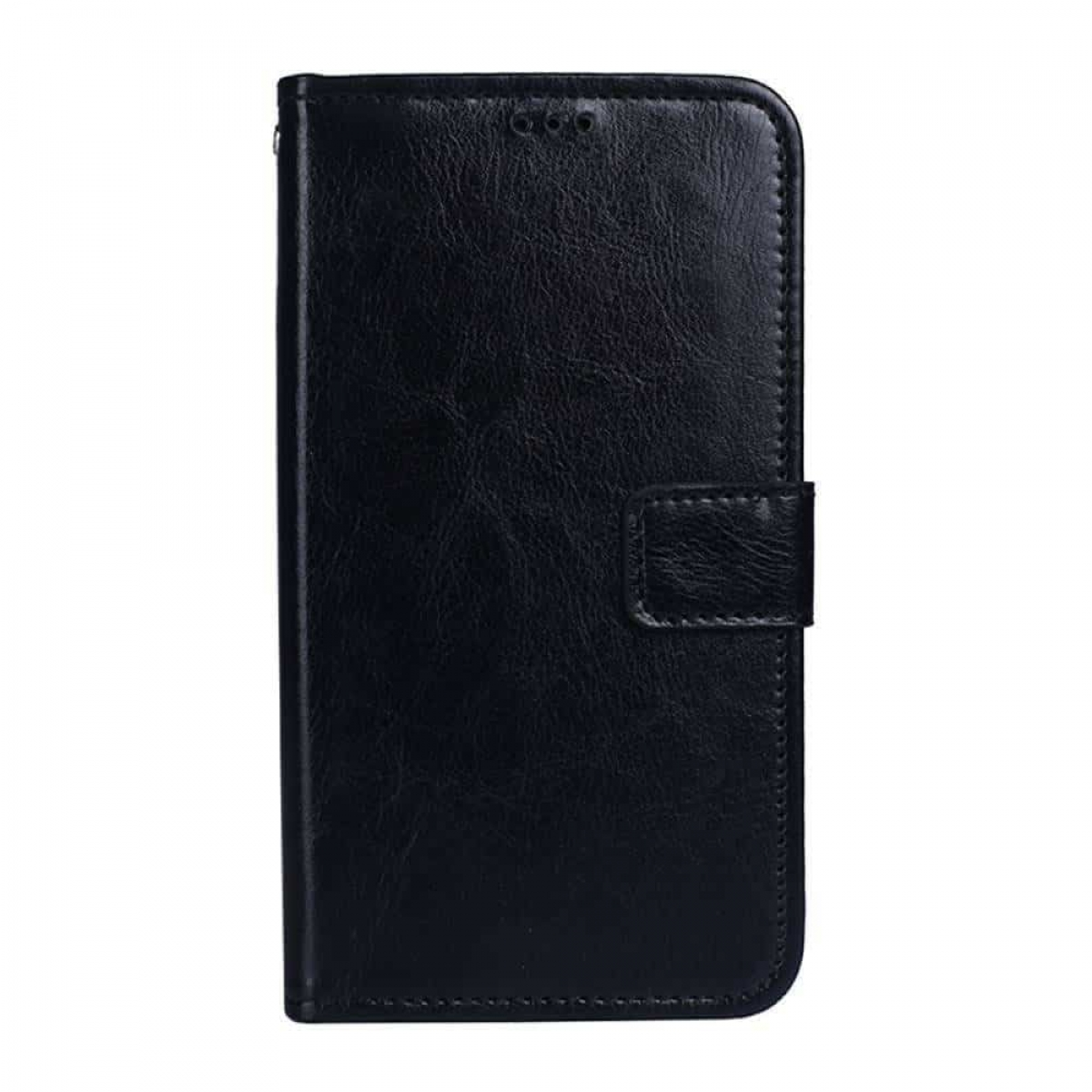 Eine schwarze Handyhülle mit lederartiger Textur, geschlossen.