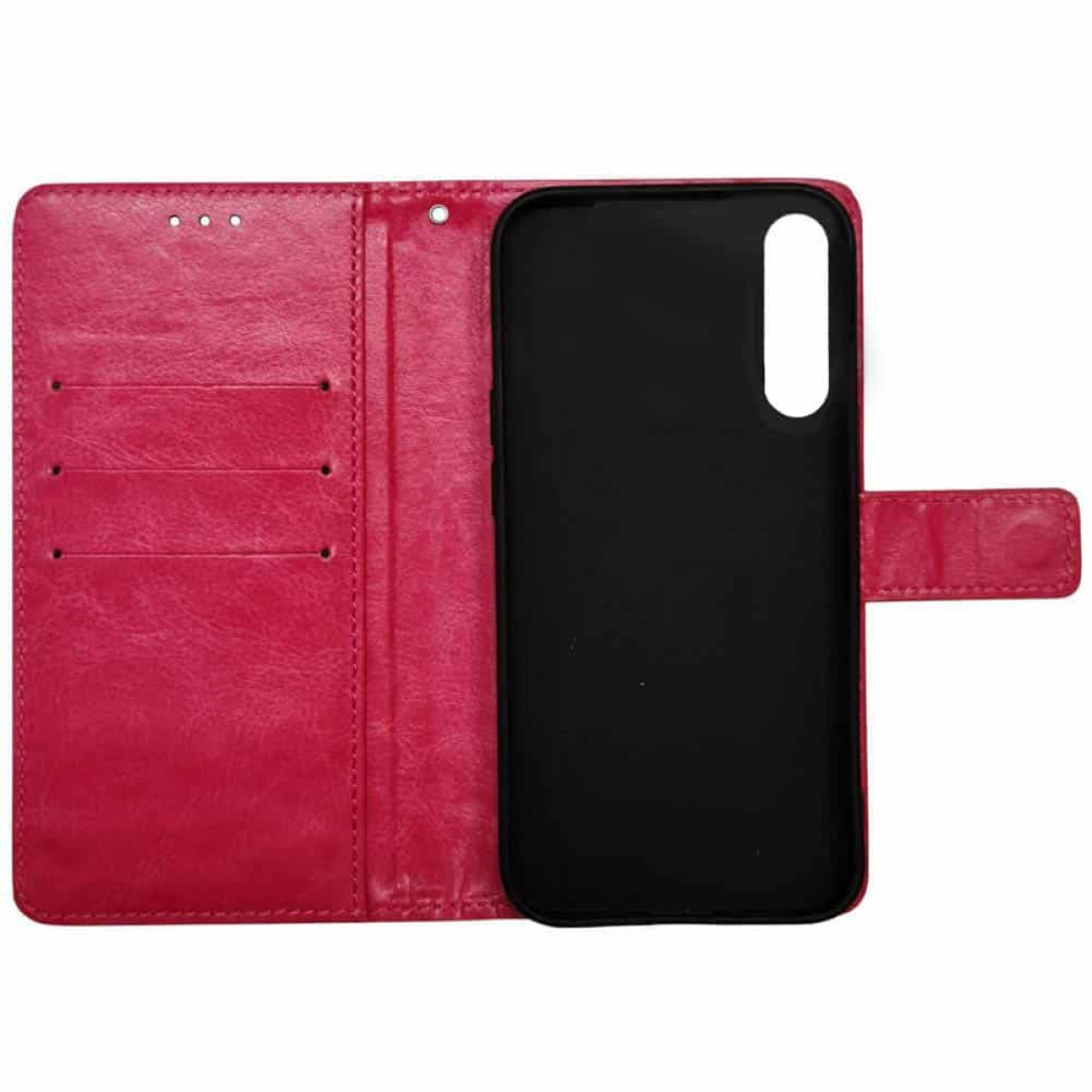 Offene pinke Handyhülle. Schwarzer Telefoninnenraum mit Kartenfächern und Magnetverschluss.