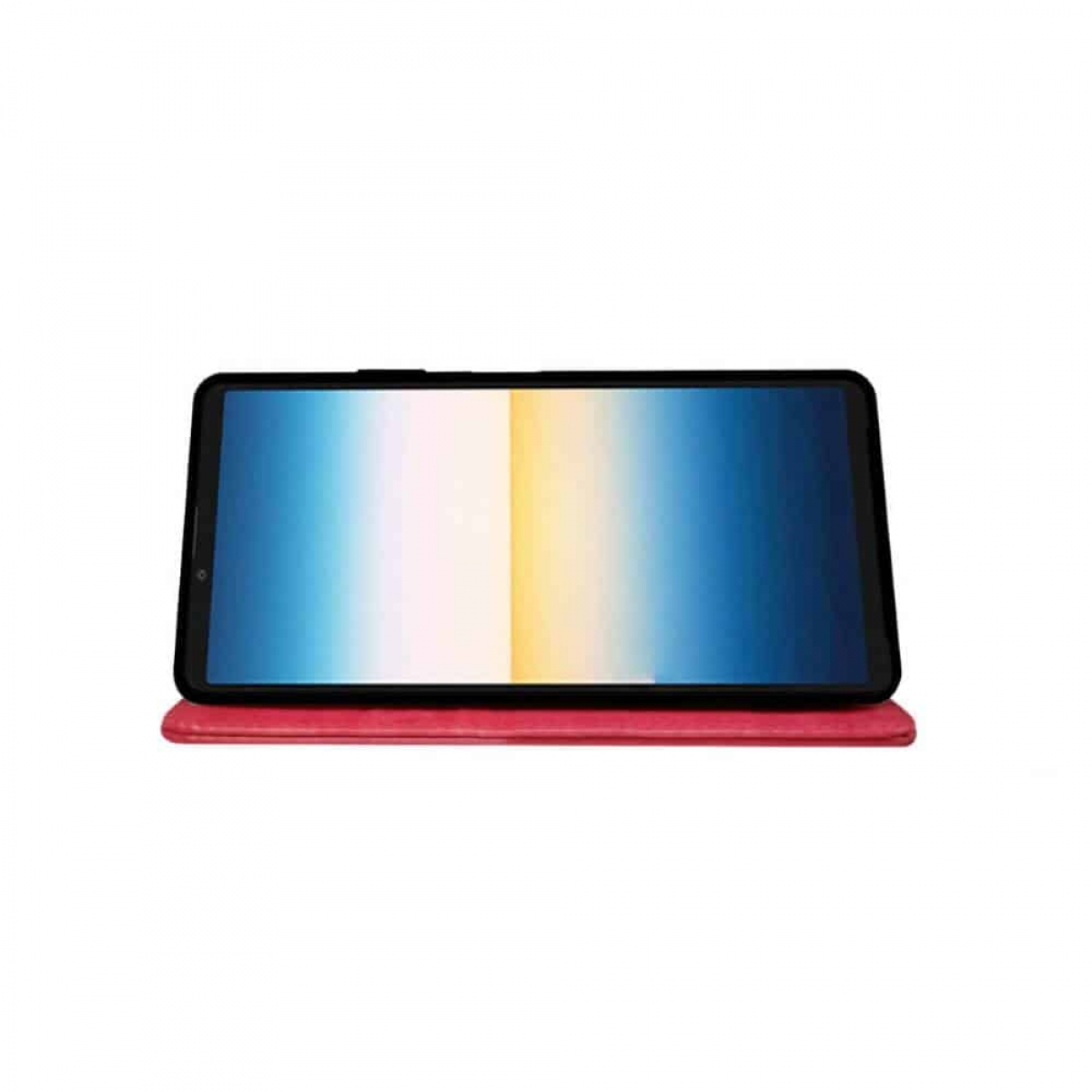 Tablet auf roter Hülle, mit blauem und weißem Hintergrund, der auf dem Bildschirm angezeigt wird.