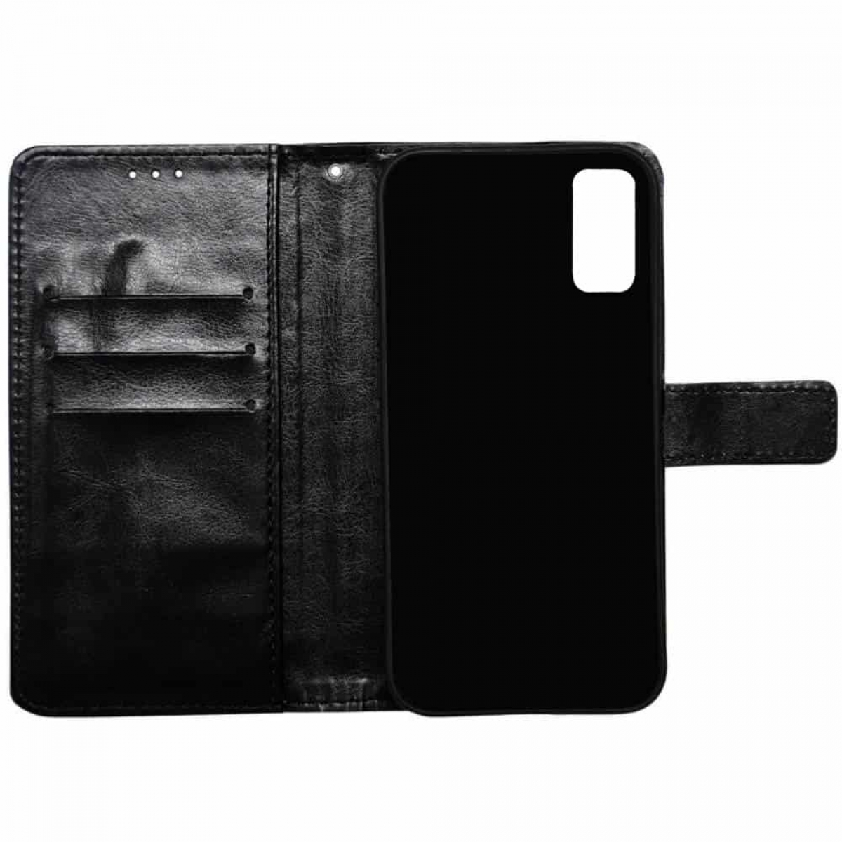 Schwarze Handyhülle offen, Lederstruktur. Telefon innen, schwarz. Offenes Format.