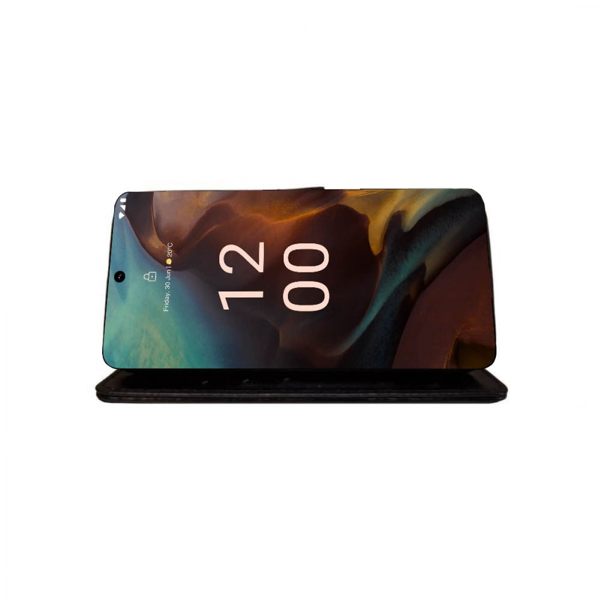 Telefon mit Bildschirm, der 12:00 Uhr anzeigt, auf schwarzem Ständer.