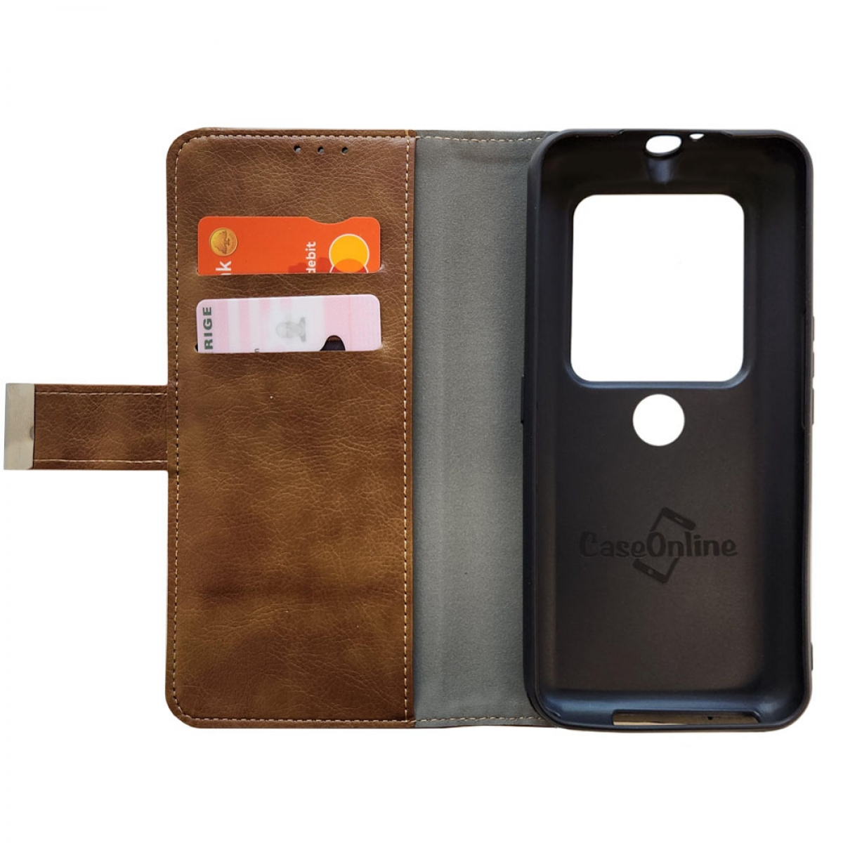 Braune Leder-Handyhülle im Brieftaschenstil mit Karten.