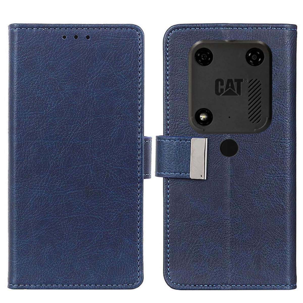 Blaue Handyhülle, geöffnet, um ein Telefon zu zeigen.