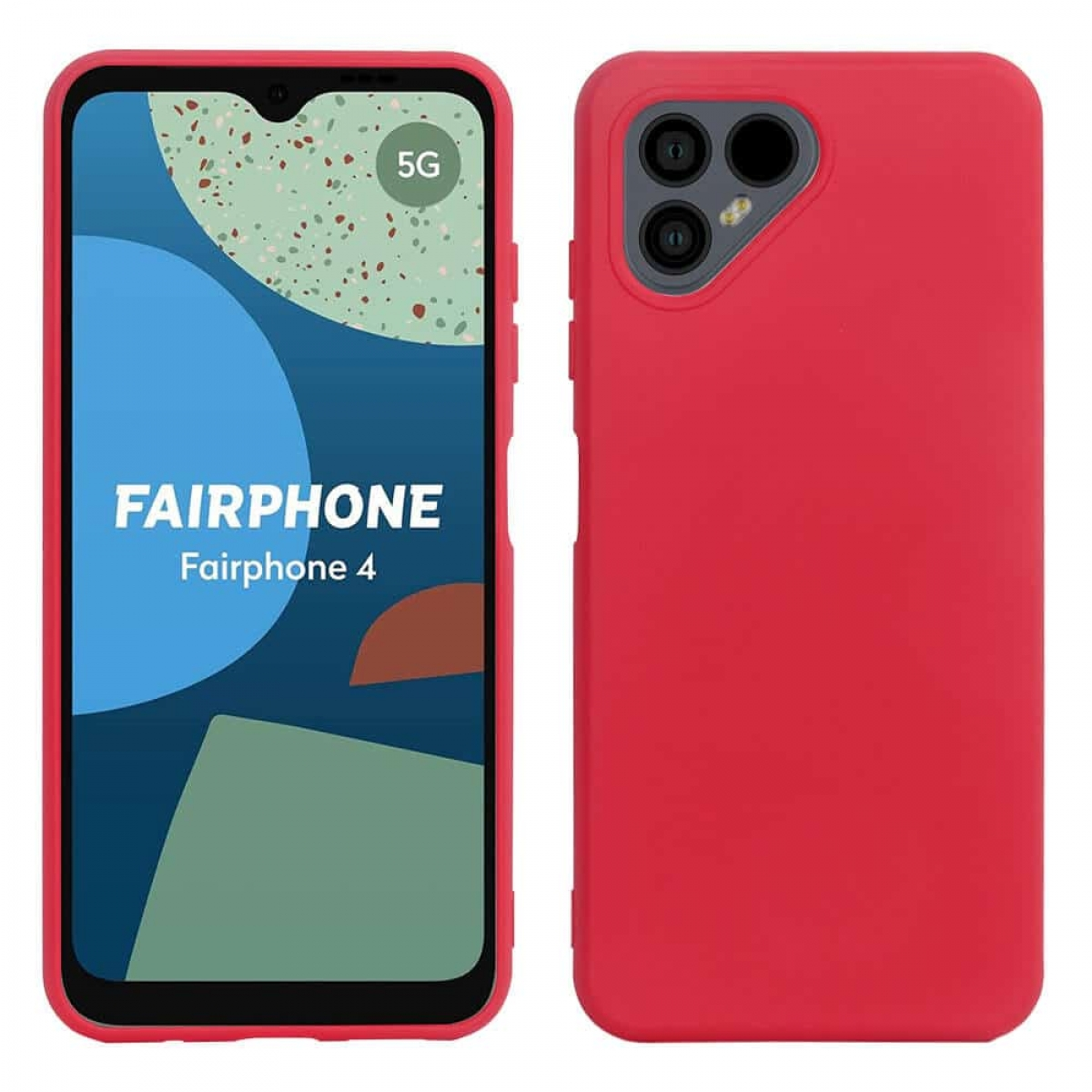 Rotes Fairphone 4, Vorder- und Rückansicht. Die Vorderseite zeigt den Bildschirm, die Rückseite die Kamera.