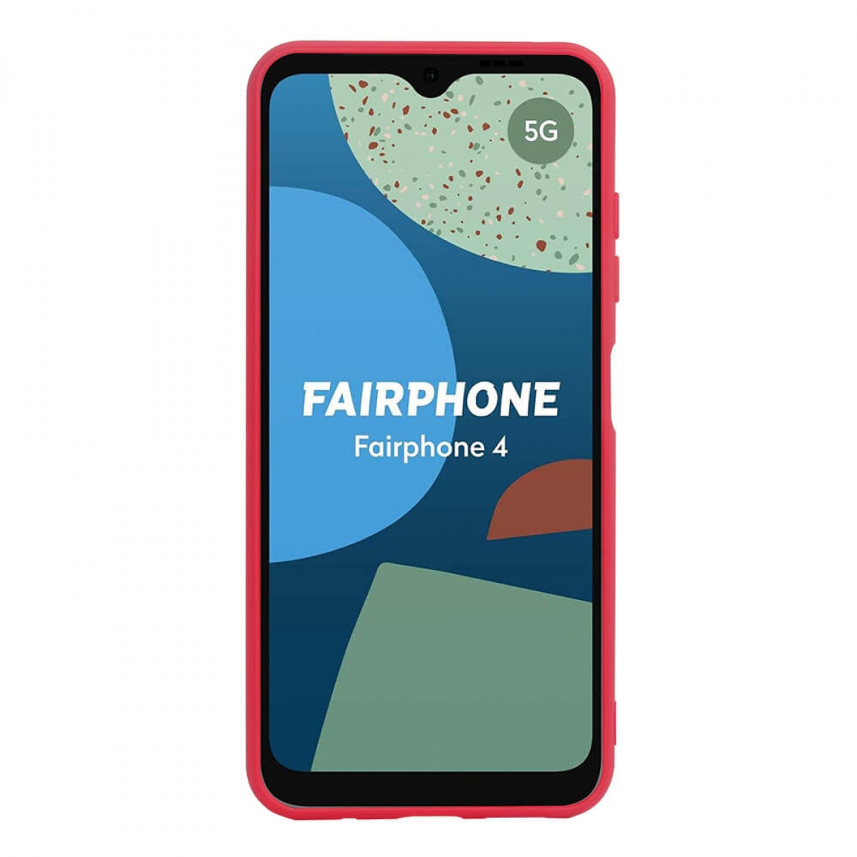 Eine rote Telefonhülle mit einem Fairphone. Das Telefon zeigt eine blau-grüne Grafik und den Text 'Fairphone'.