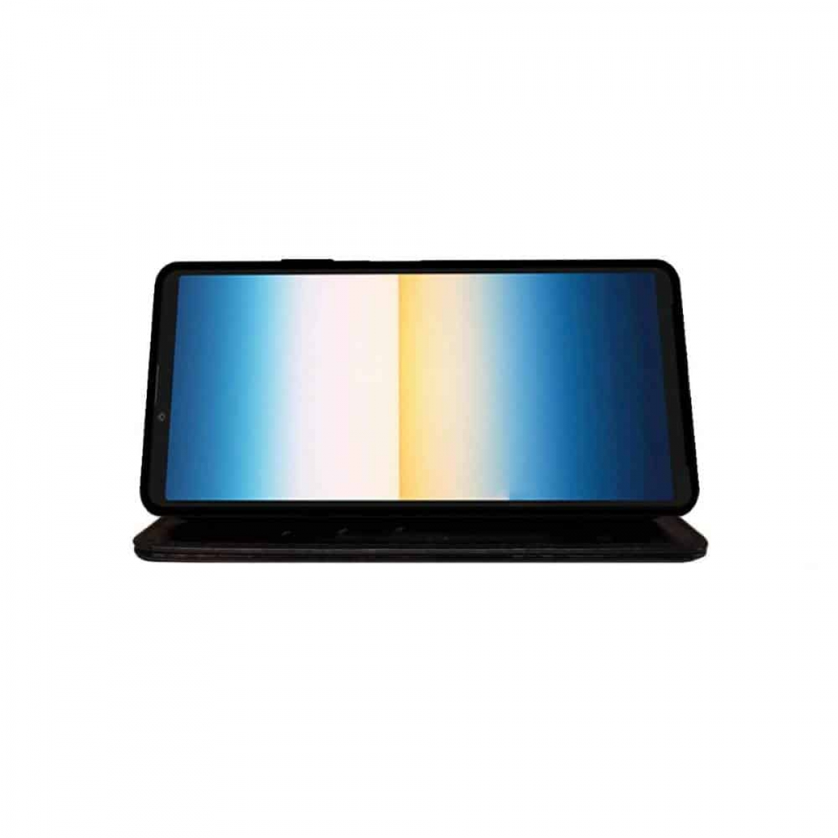 Ein Tablet mit gelb-weißem Bildschirm, angezeigt in einer braunen Hülle. Die Hülle ist geöffnet.
