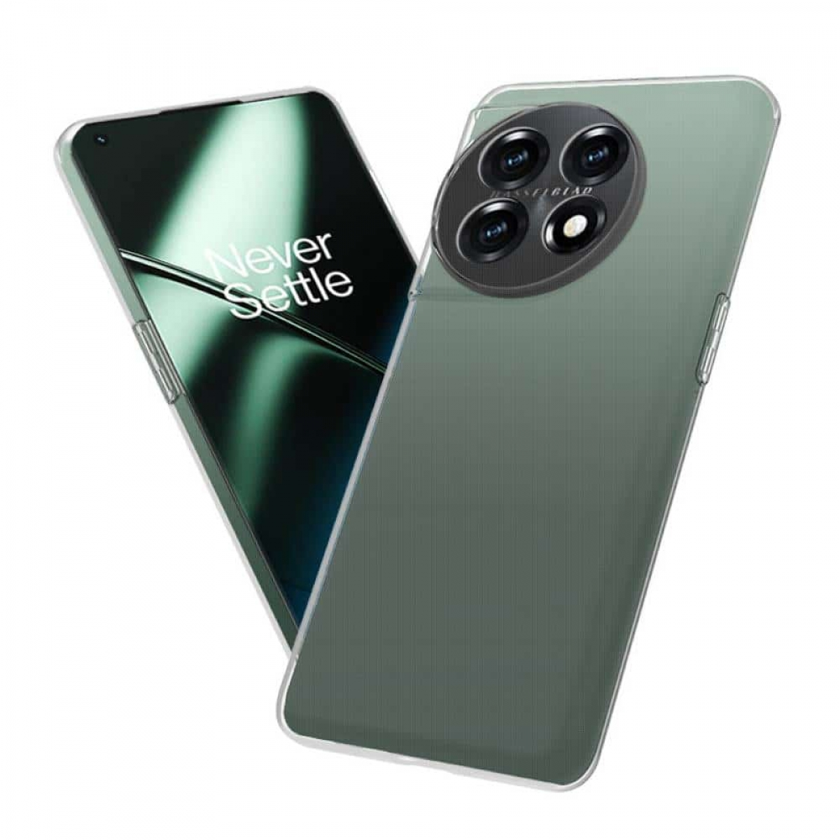 OnePlus-Handy mit klarer Schutzhülle, Rückseite mit Kamera und 'Never Settle'-Logo.