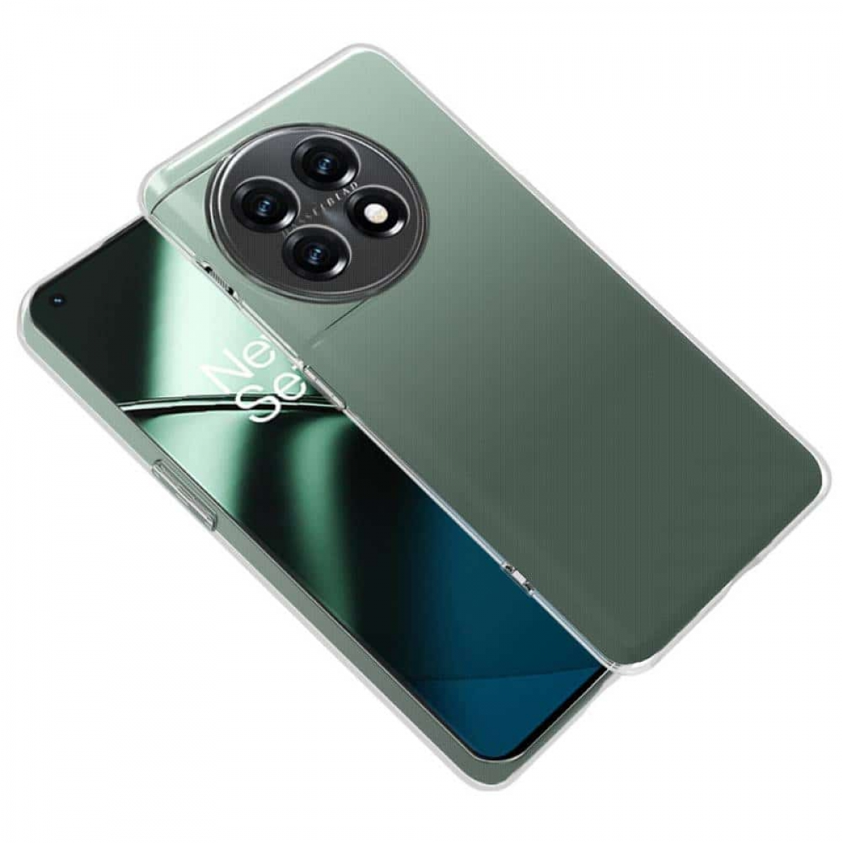 Telefon und Hülle. Telefon ist schwarz, Hülle ist grün. Das Telefon hat Kameralinsen.