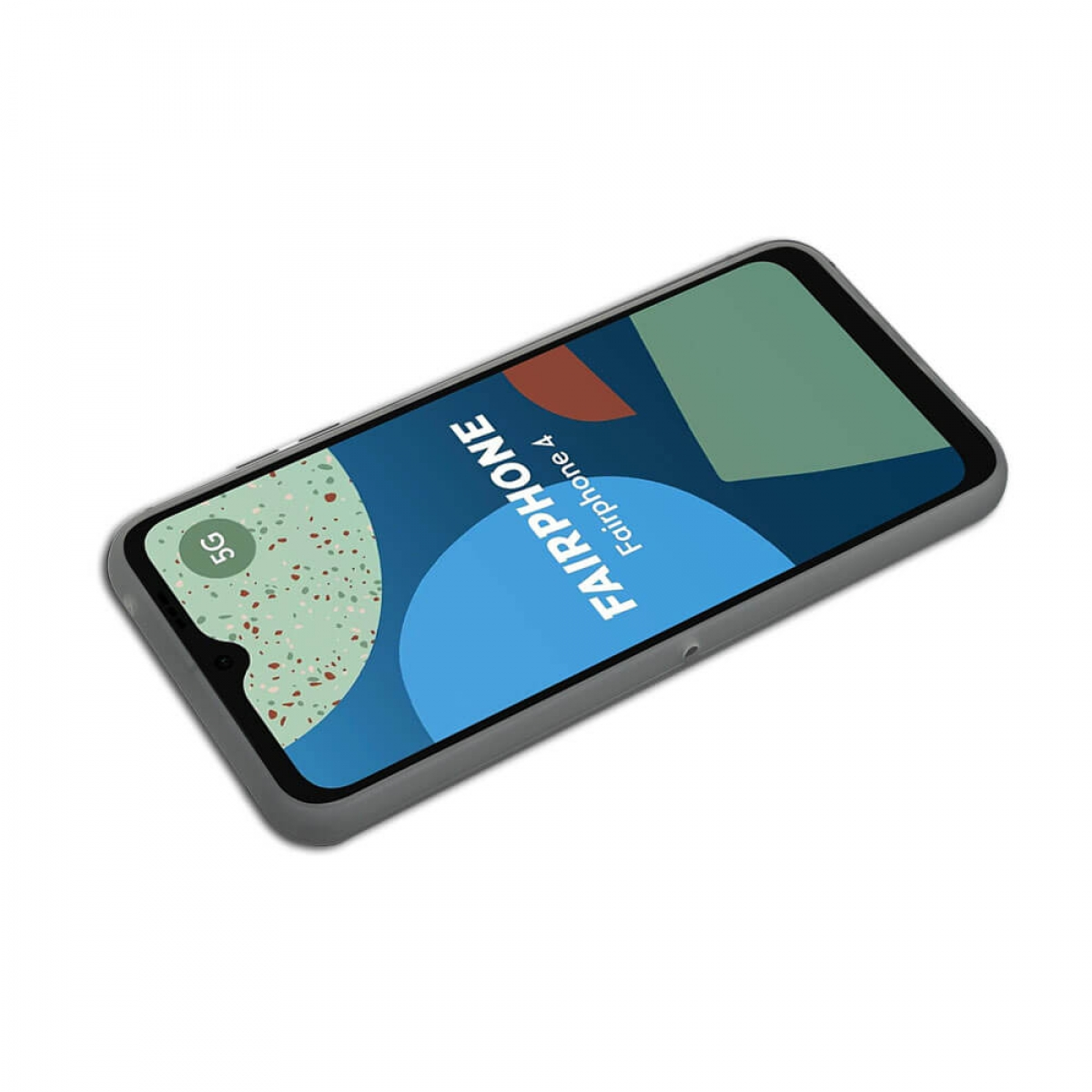 Ein graues Telefon mit dem Fairphone-Logo auf dem Bildschirm, auf weißem Hintergrund.