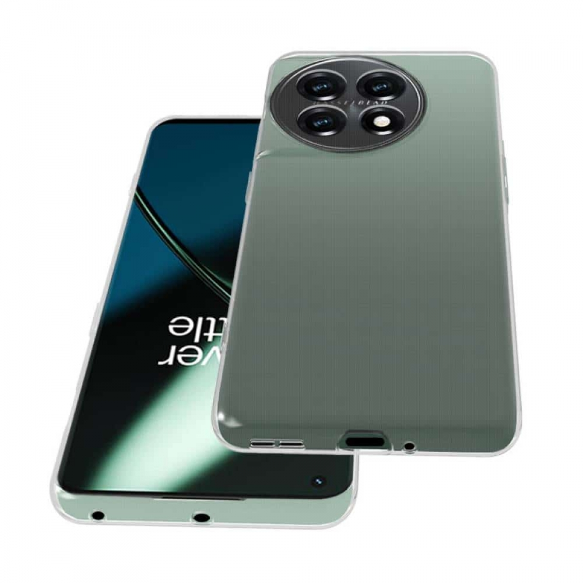 Ein Smartphone mit transparenter Hülle, zeigt die Rückseite mit Kameras.