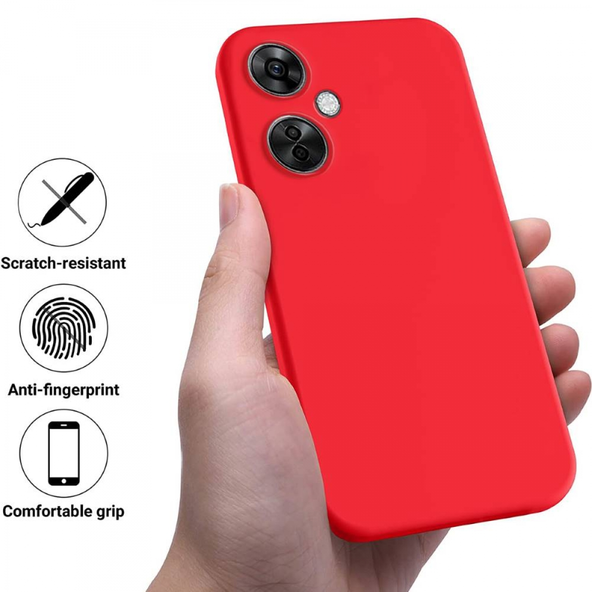 Ein rotes Telefon mit schwarzem Kamera-Buckel wird in einer Hand gehalten. Symbole sind links.