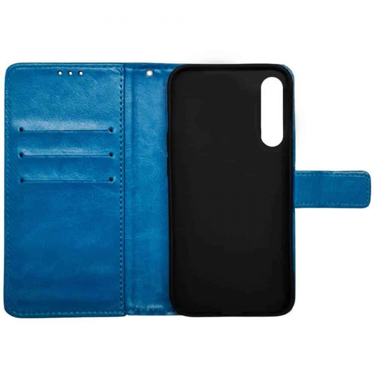 Blaue Handyhülle geöffnet, zeigt den Telefonhalter und das Innere, auf weißer Oberfläche.