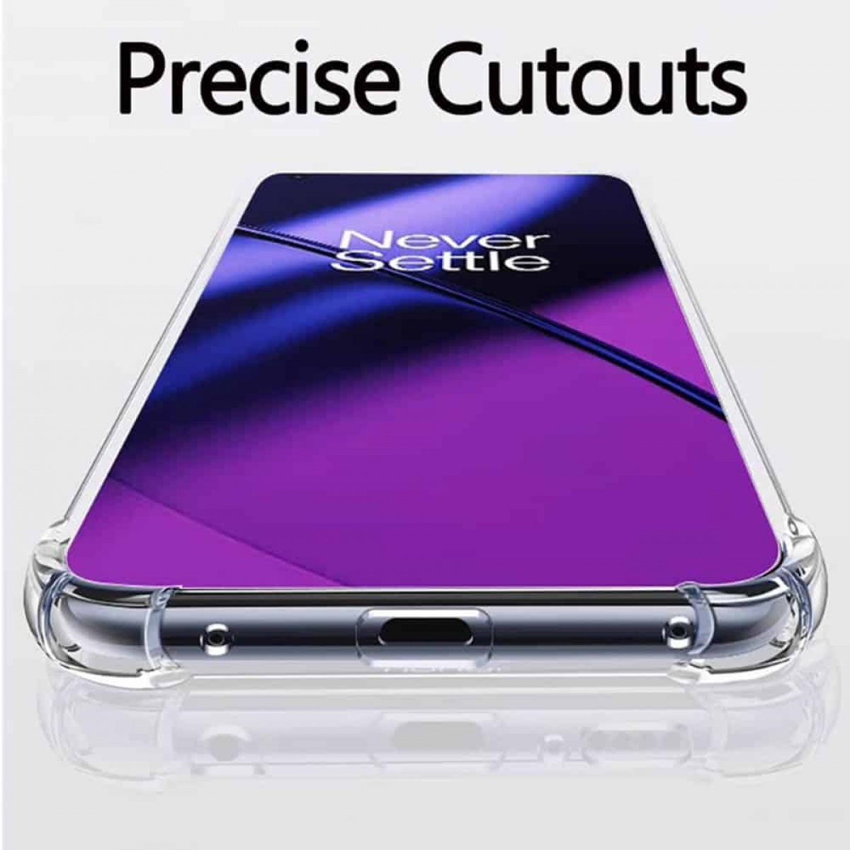 Eine transparente Handyhülle befindet sich auf einem Telefon. Das Telefon hat ein lila Design.