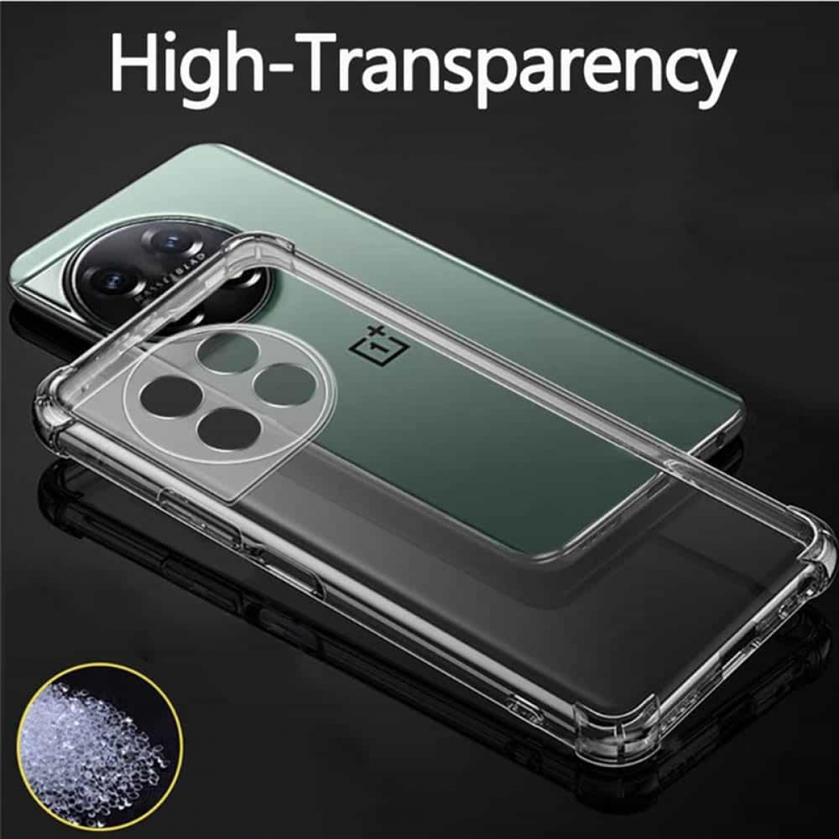 Telefon in klarer Hülle mit Text: Hohe Transparenz. Perlen.