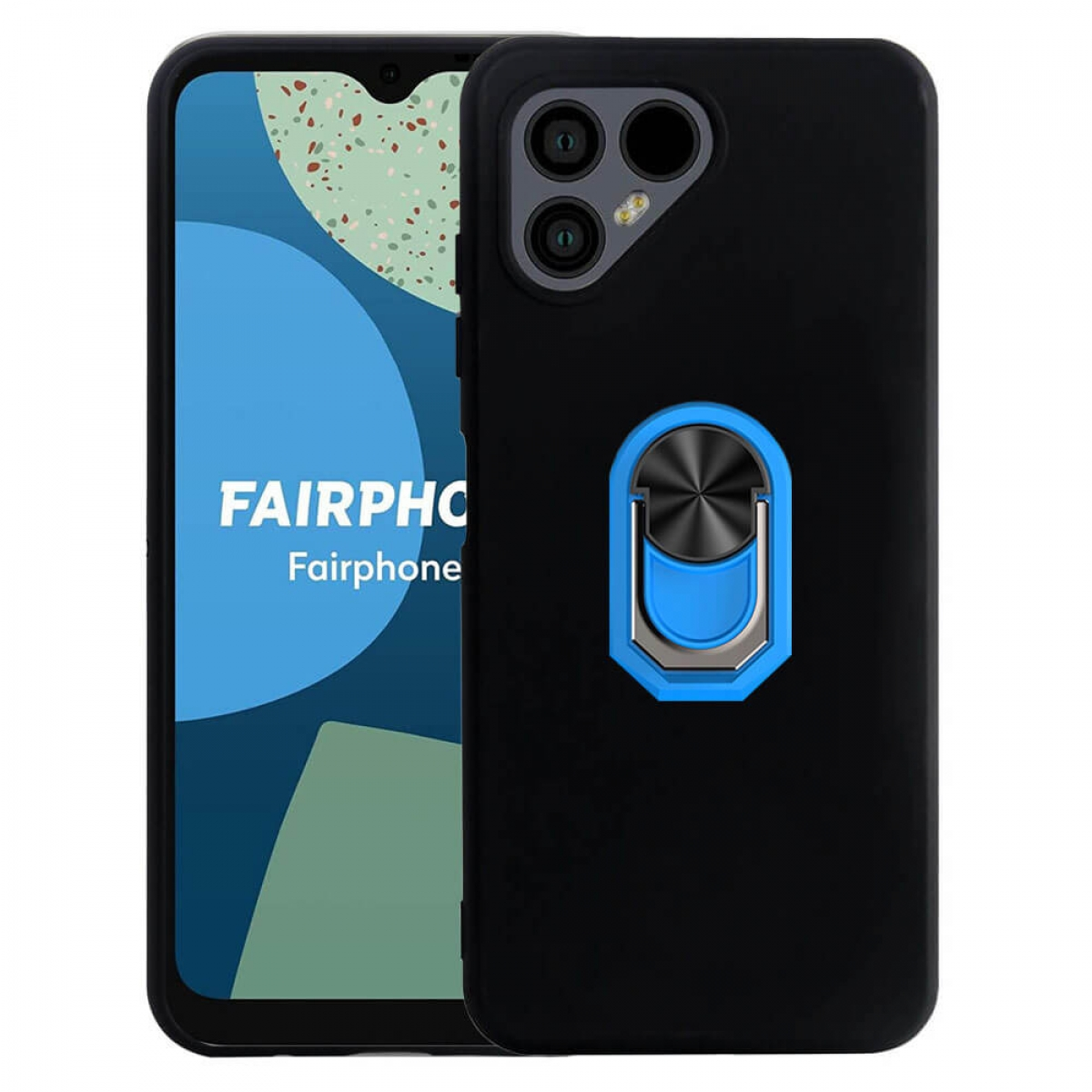 Schwarze Handyhülle mit blauem Ringhalter und einem Bildschirm mit 'Fairphone'-Logo.