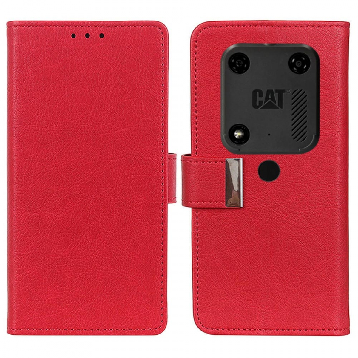 Rote Handyhülle, Vorder- und Rückseite, mit einem CAT-Logo.