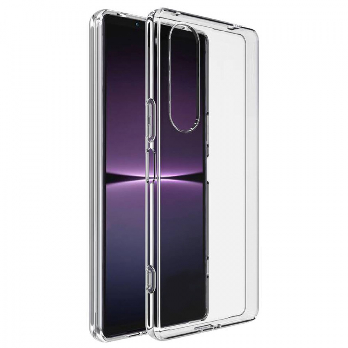 Transparente Handyhülle mit dem Telefon darin. Das Telefon ist schwarz und hat einen dunklen Bildschirm.