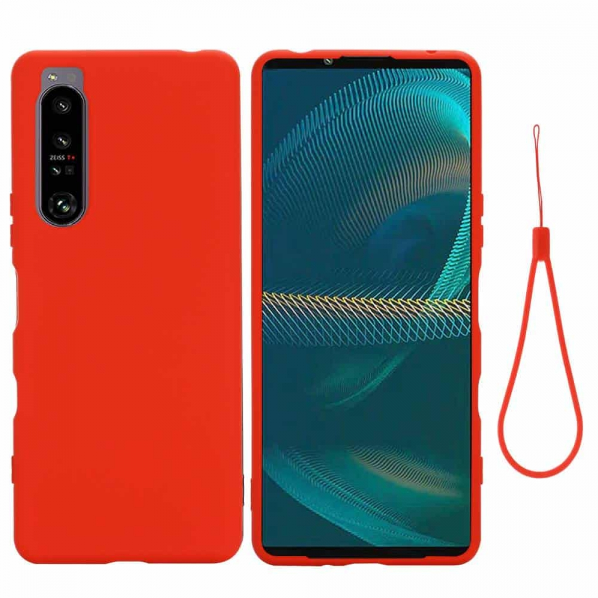 Rote Handyhülle und Riemen, das Telefon ist vorne sichtbar.