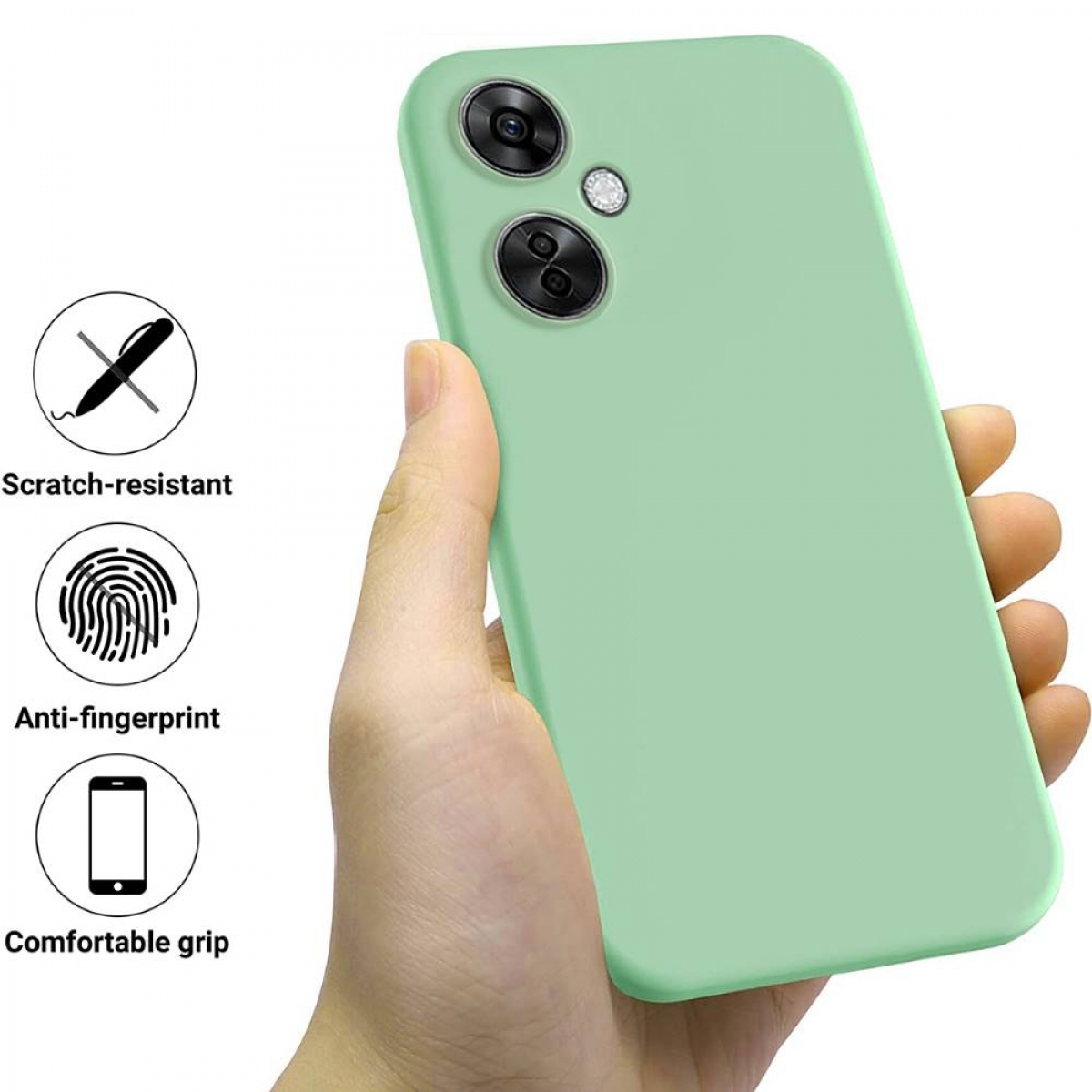 Eine Hand hält eine grüne Handyhülle mit Symbolen. Die Hülle ist kratzfest, fingerabdrucksicher und hat einen bequemen Griff.