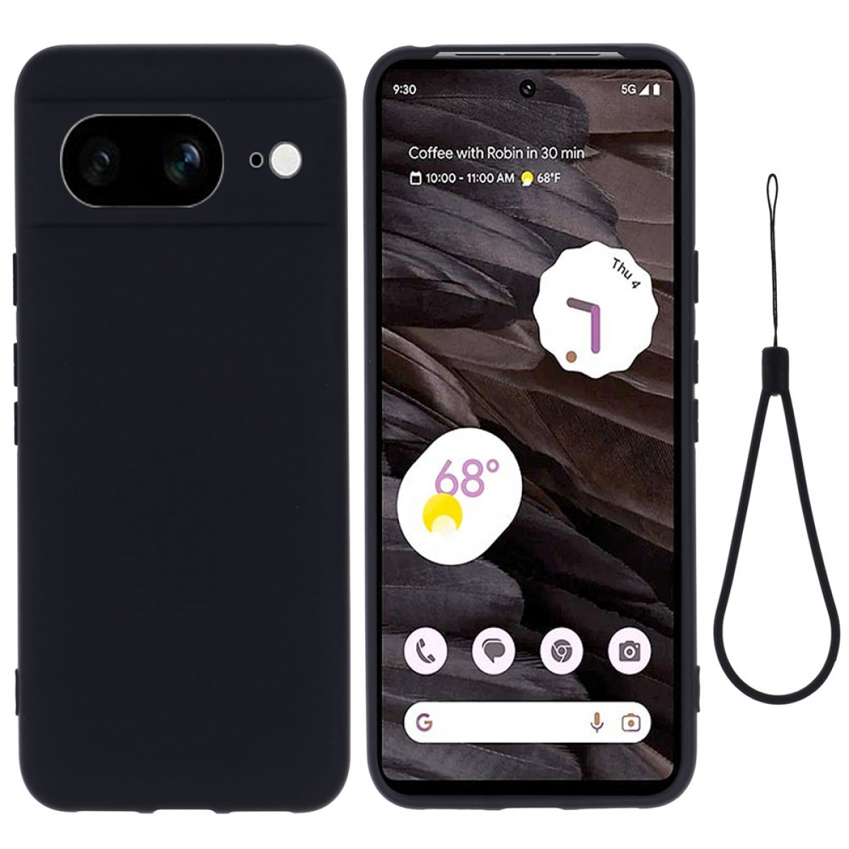 Ein schwarzes Telefon mit schwarzer Hülle. Das Telefon zeigt die Uhrzeit an. Eine Handschlaufe ist befestigt.