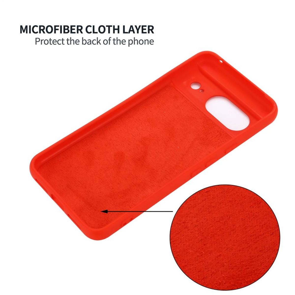 Eine rote Handyhülle mit Mikrofaser-Stoffschicht, Nahaufnahmedetails.