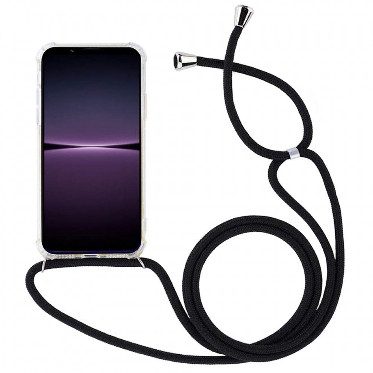 Ein Telefon mit einer durchsichtigen Hülle und einem schwarzen Schlüsselband, auf weißem Hintergrund.