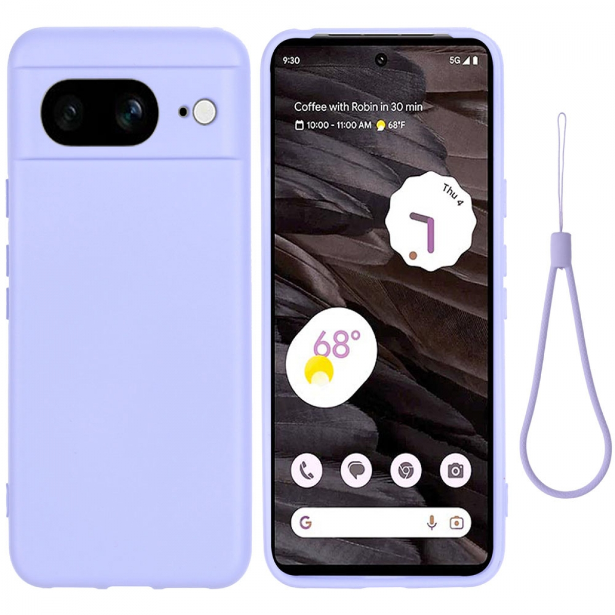 Ein lila Telefon und eine Hülle. Das Telefon zeigt Zeit und Wetter. Es hat eine Handschlaufe. Der Hintergrund ist weiß.